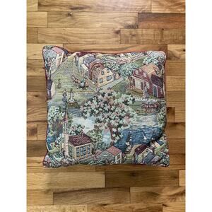 Tapestry Church Old World Town Scene Horse Drawn Carriage Sail Boat Folk Decor